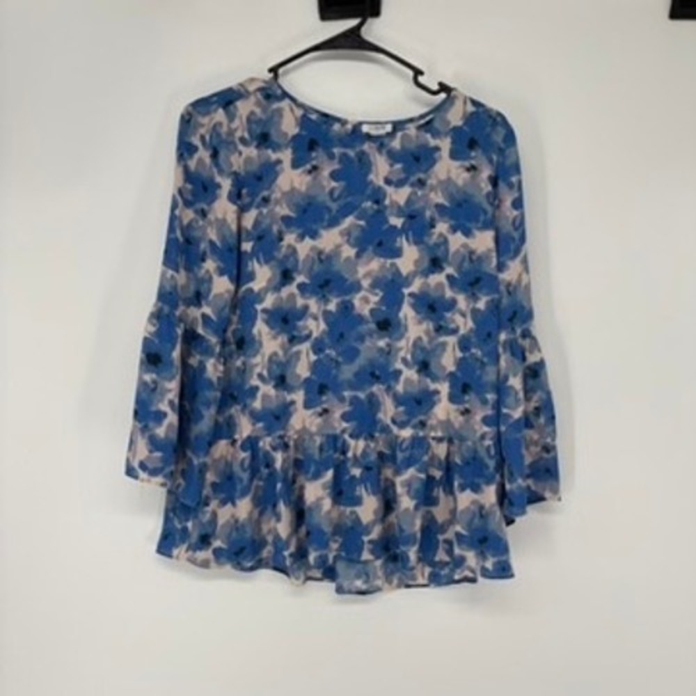 J.Crew Blouse Womens XS Blue Floral‎ Peplum Bell Sleeve Watercolor Top